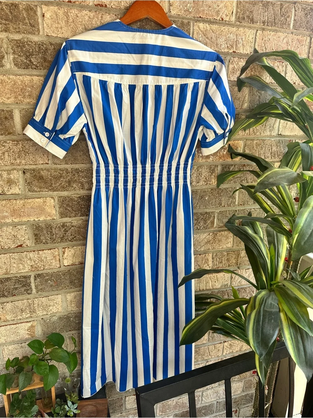 SOLID & STRIPED Blue & White Striped Midi Delilah v neck Cotton Dress w/pockets - Picture 2 of 10